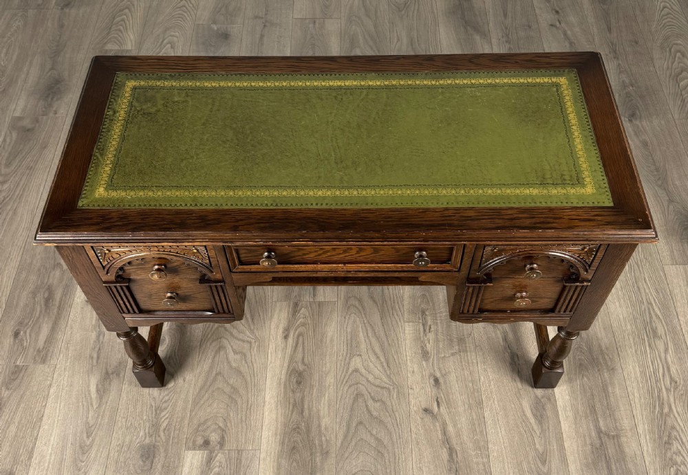 Antique 20th Century Leather Top Writing Desk In Oak View IX