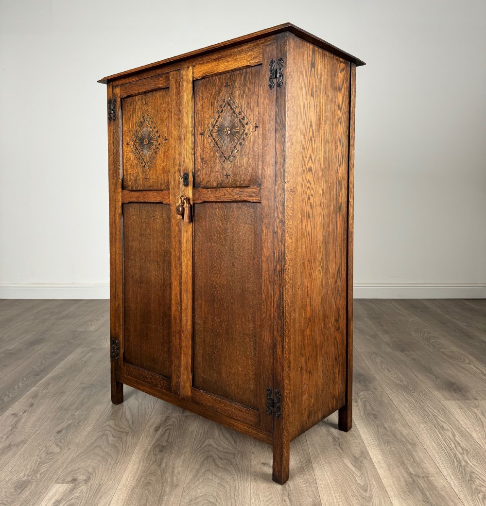Antique 20th Century Carved Oak Wardrobe Of Small Proportion View III