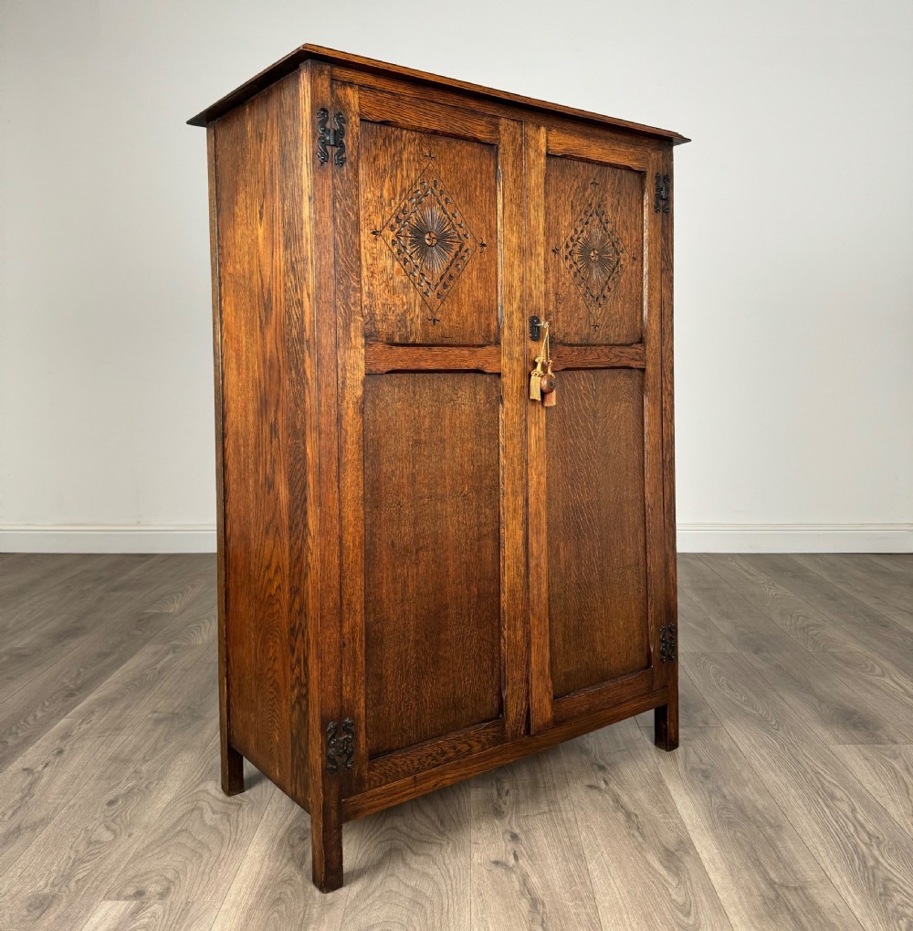 Antique 20th Century Carved Oak Wardrobe Of Small Proportion View IX