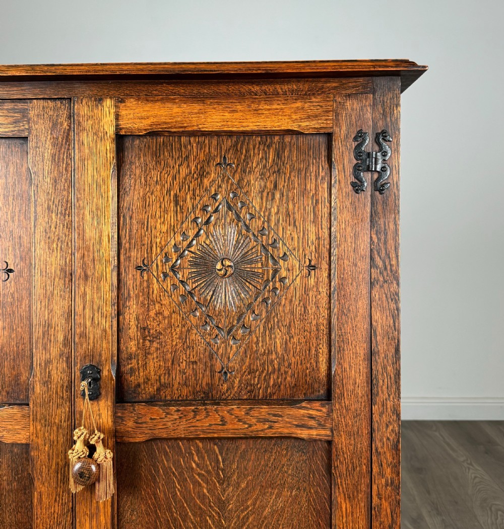 Antique 20th Century Carved Oak Wardrobe Of Small Proportion View XI