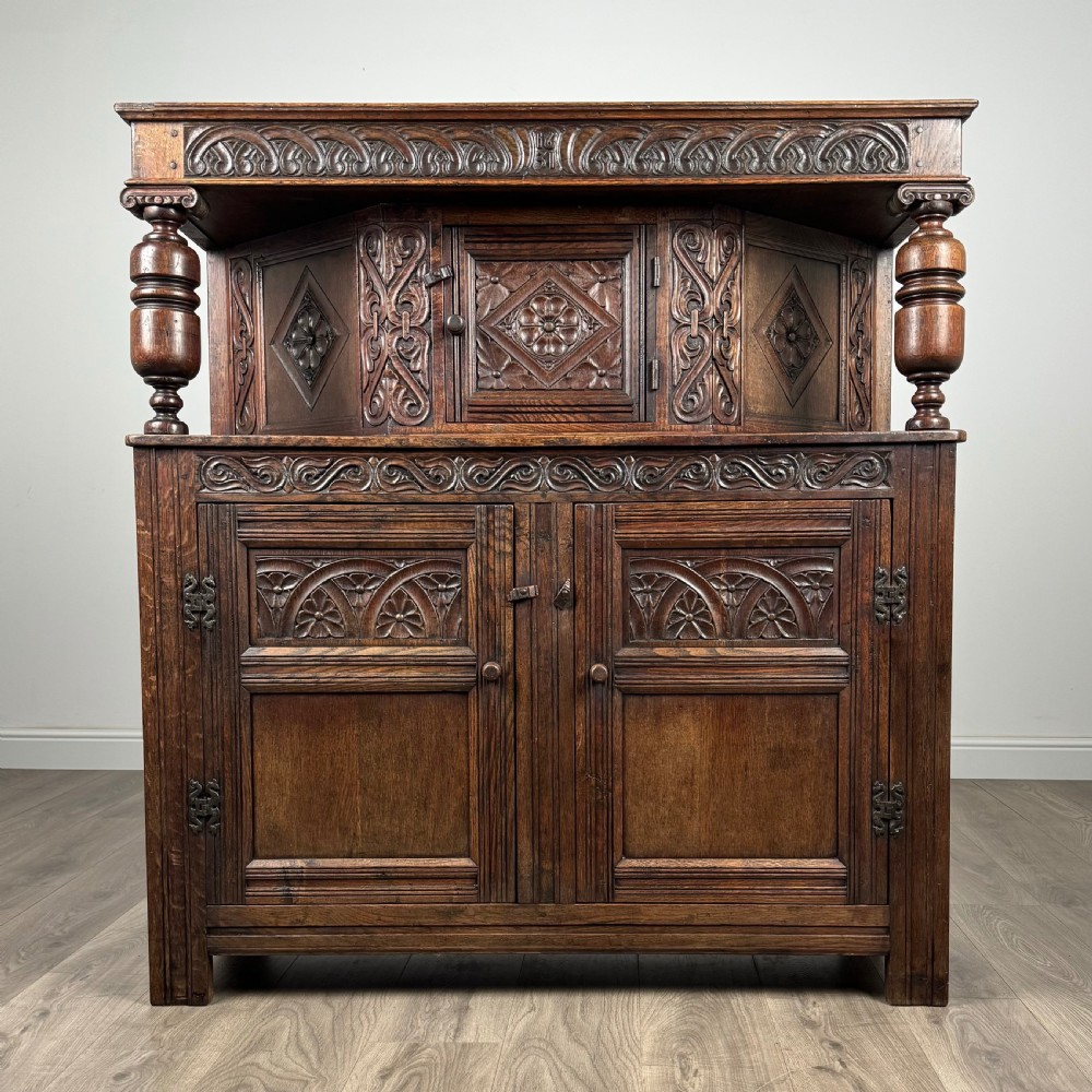 Antique 19th Century Heavily Carved Court Cupboard In Oak 

