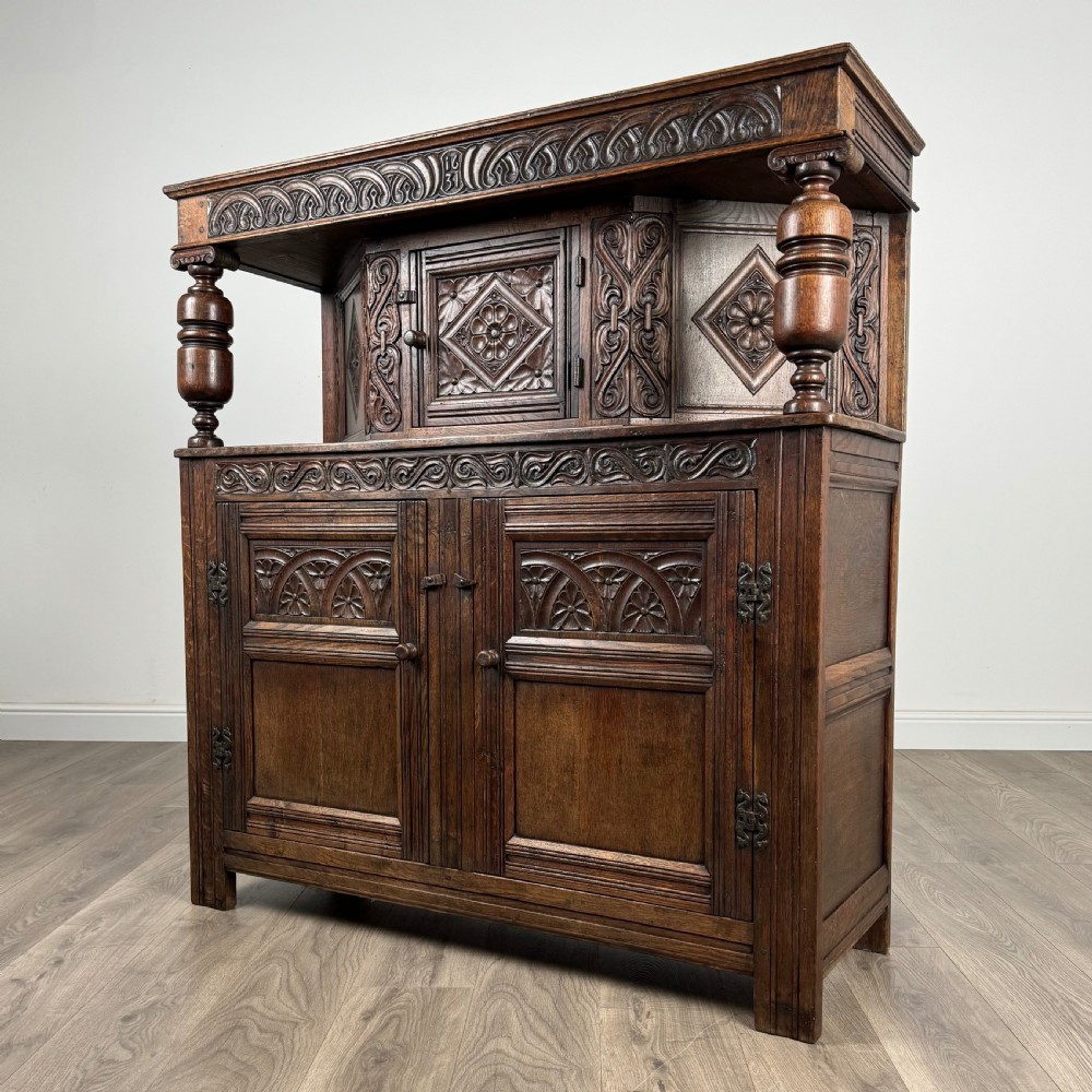 Antique 19th Century Heavily Carved Court Cupboard In Oak 
 View III