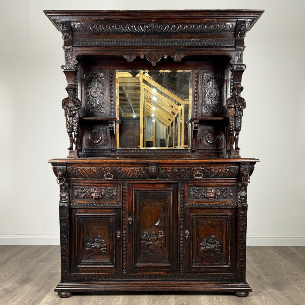 Antique 19th Century Heavily Carved Oak Mirror Back Sideboard 