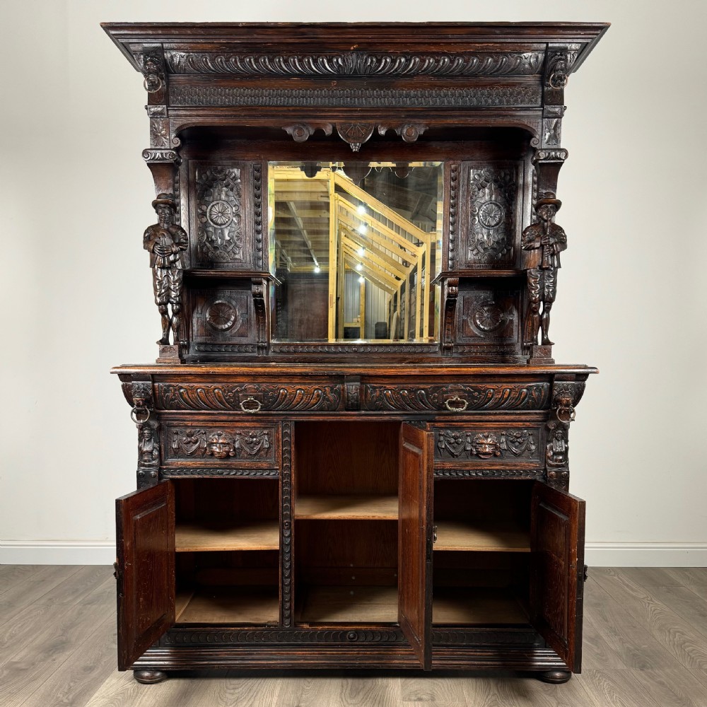 Antique 19th Century Heavily Carved Oak Mirror Back Sideboard  View II