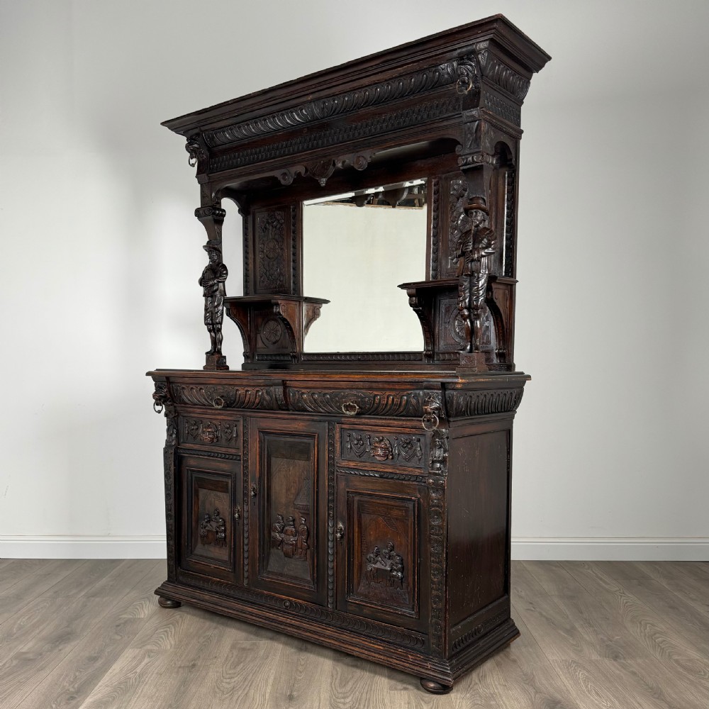 Antique 19th Century Heavily Carved Oak Mirror Back Sideboard  View III