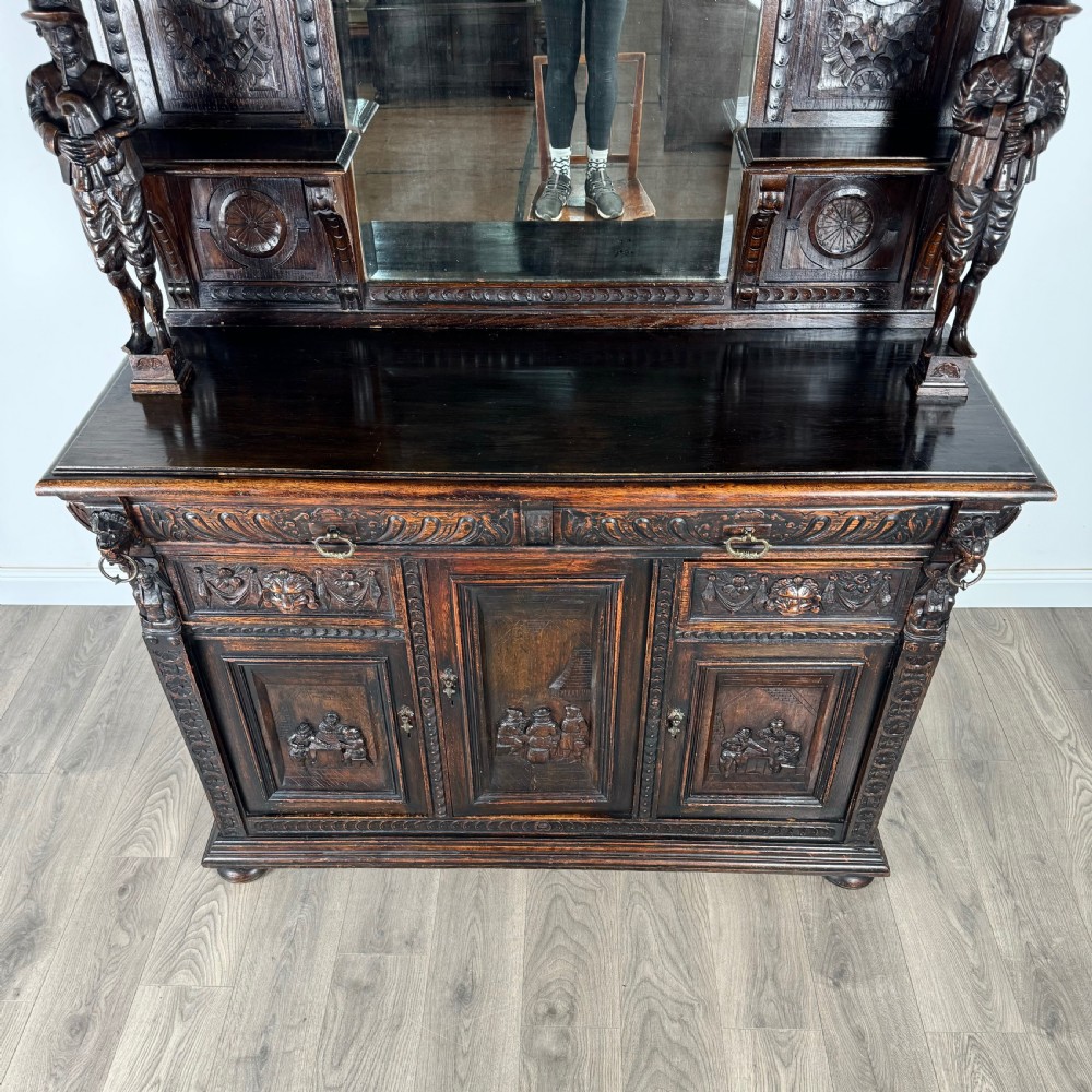 Antique 19th Century Heavily Carved Oak Mirror Back Sideboard  View X