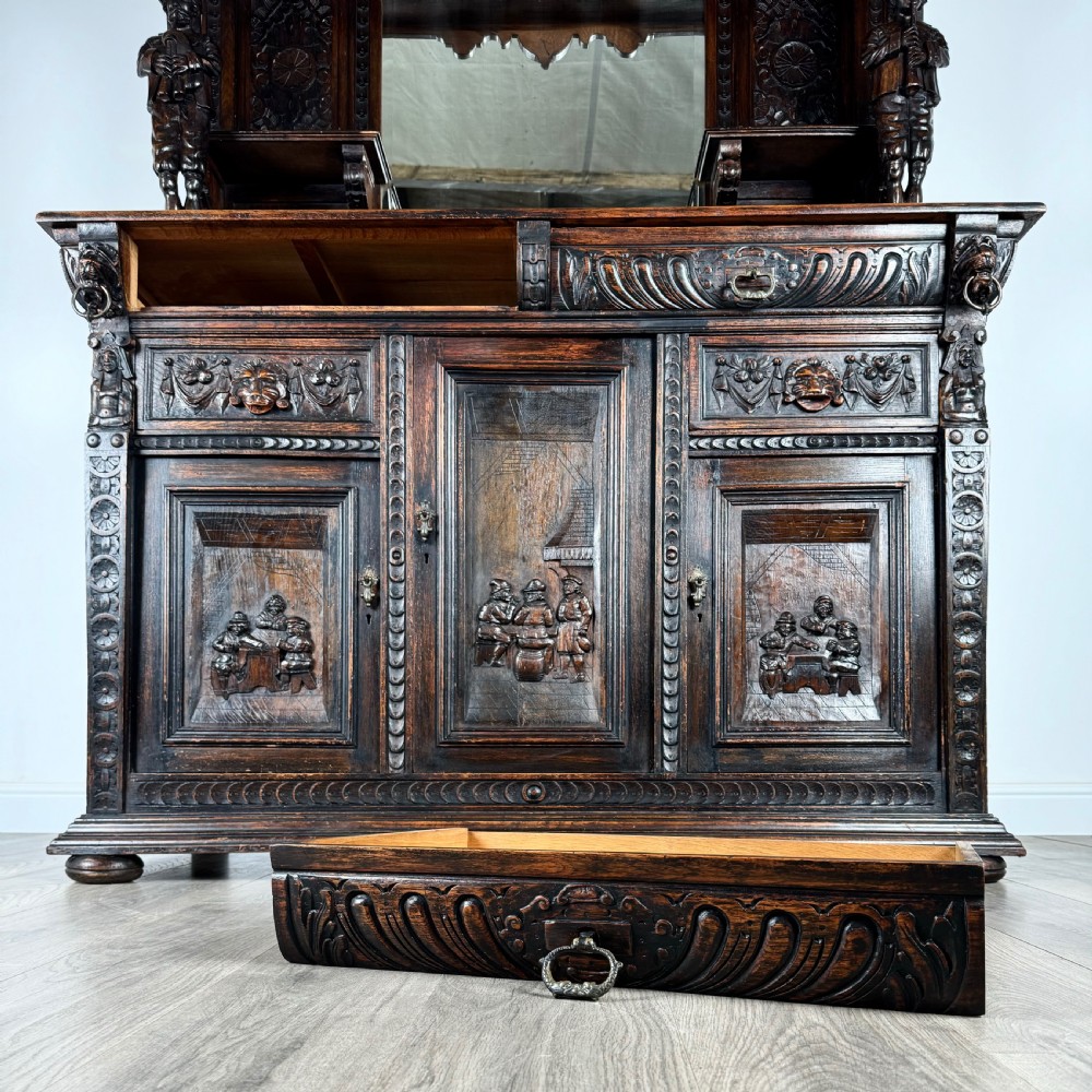 Antique 19th Century Heavily Carved Oak Mirror Back Sideboard  View XI