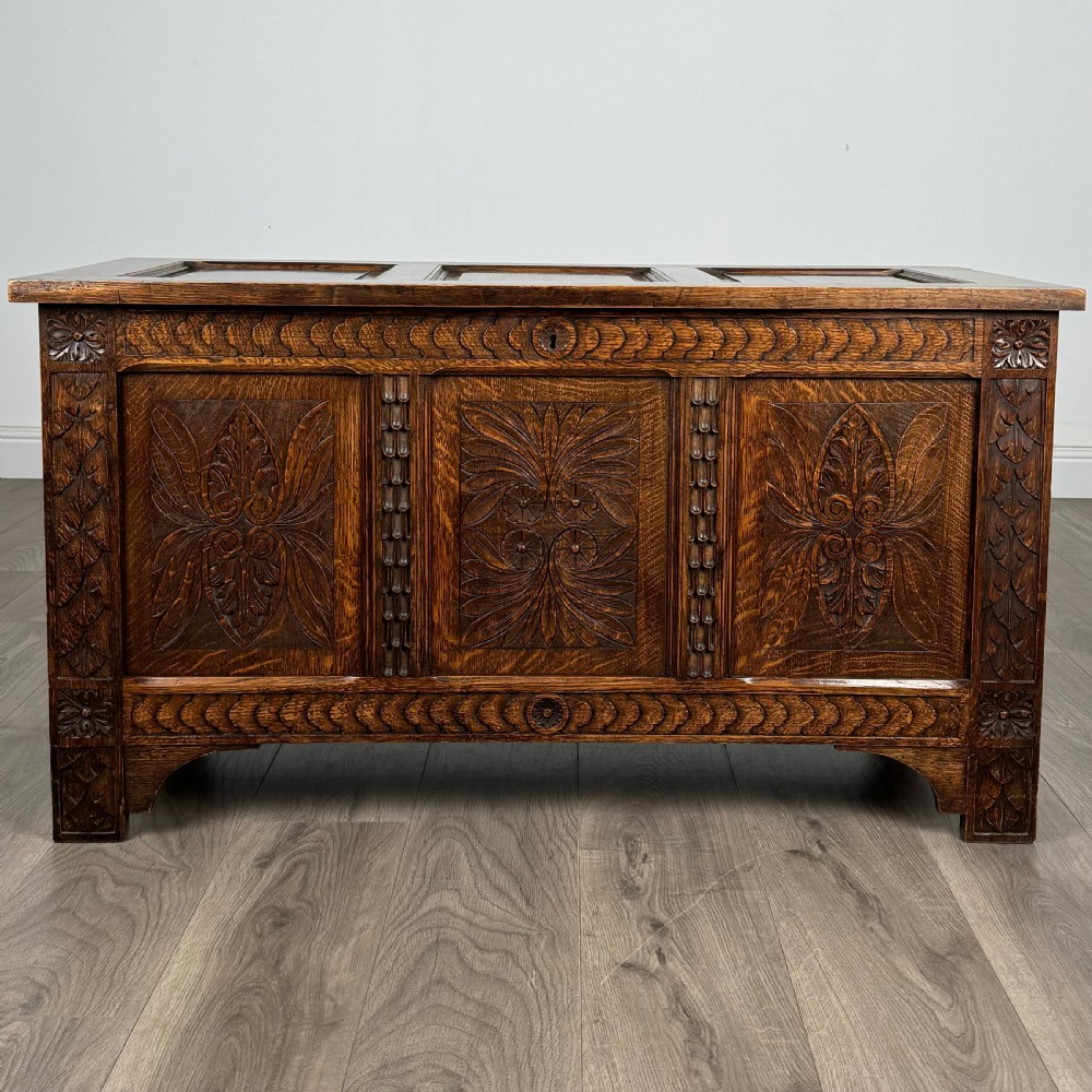  Antique 20th Century Carved Blanket Box In Oak 
