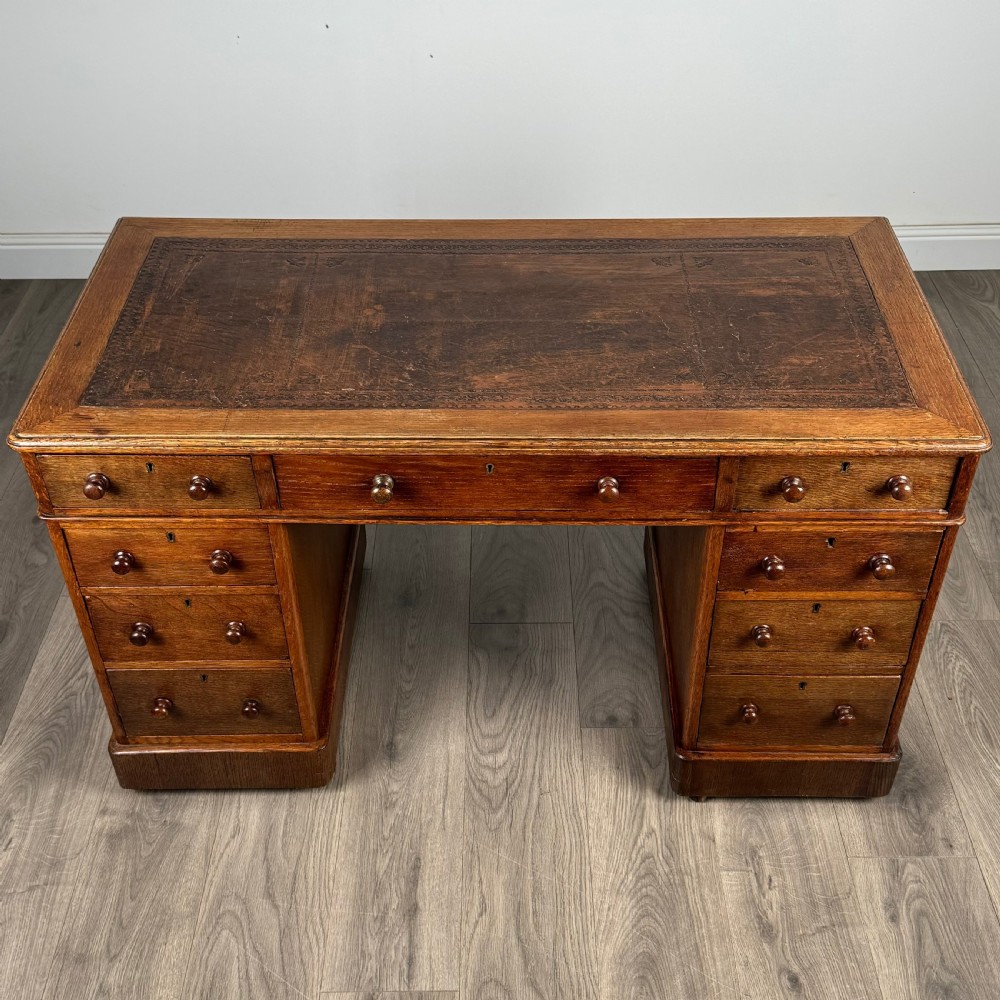  Antique 19th Century Pedestal Desk In Oak View X
