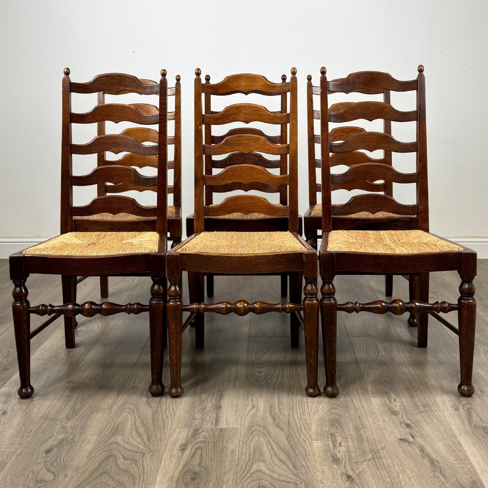 Antique 20th Century Set Of 6 Ladder Back Dining Chairs In Oak 