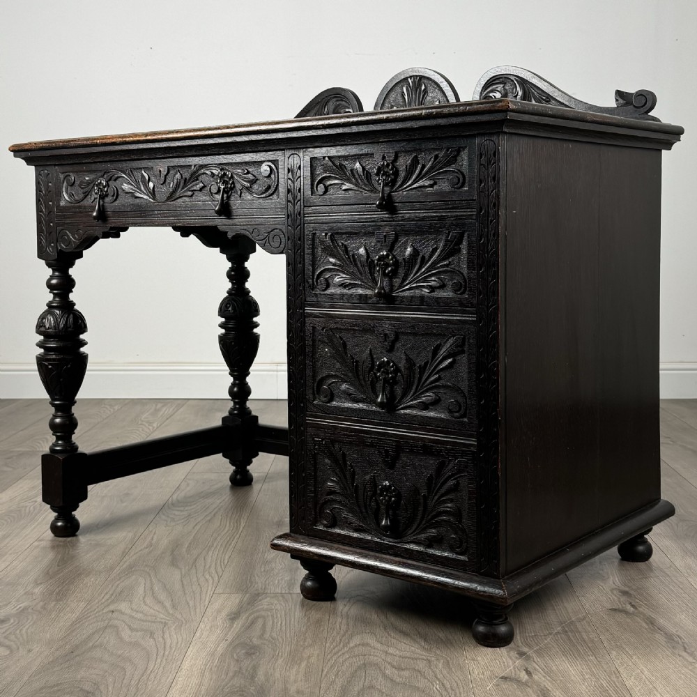 Antique 19th Century Heavily Carved Oak Single Pedestal Desk 
 View VII
