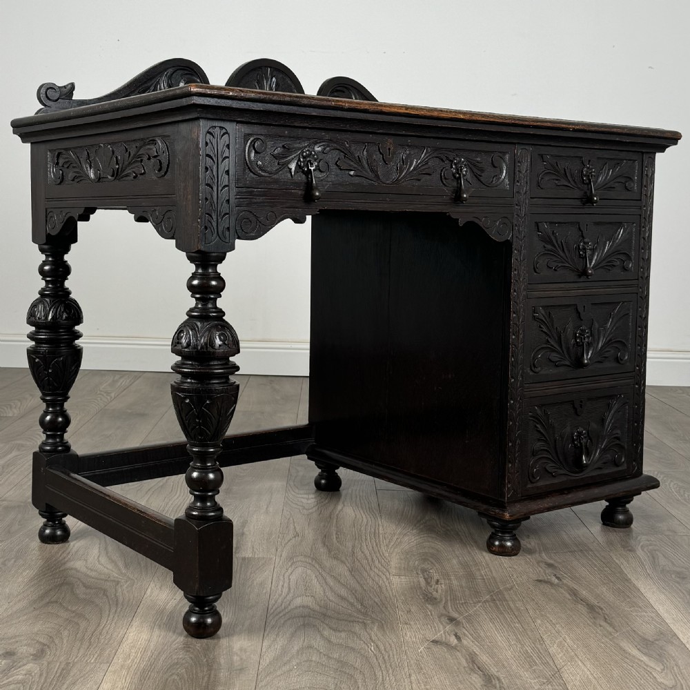 Antique 19th Century Heavily Carved Oak Single Pedestal Desk 
 View VIII