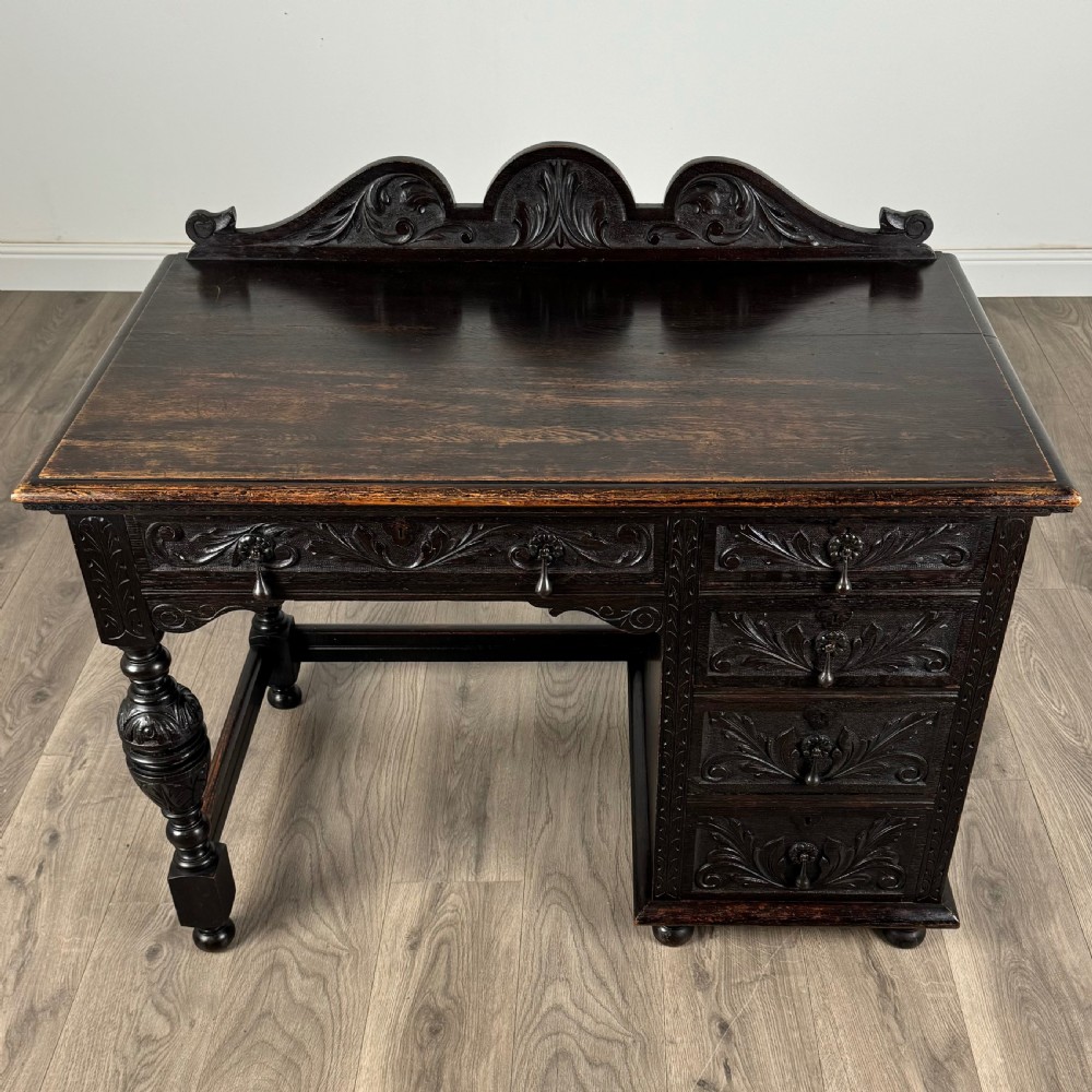Antique 19th Century Heavily Carved Oak Single Pedestal Desk 
 View IX
