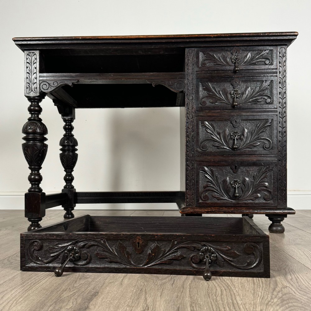 Antique 19th Century Heavily Carved Oak Single Pedestal Desk 
 View X