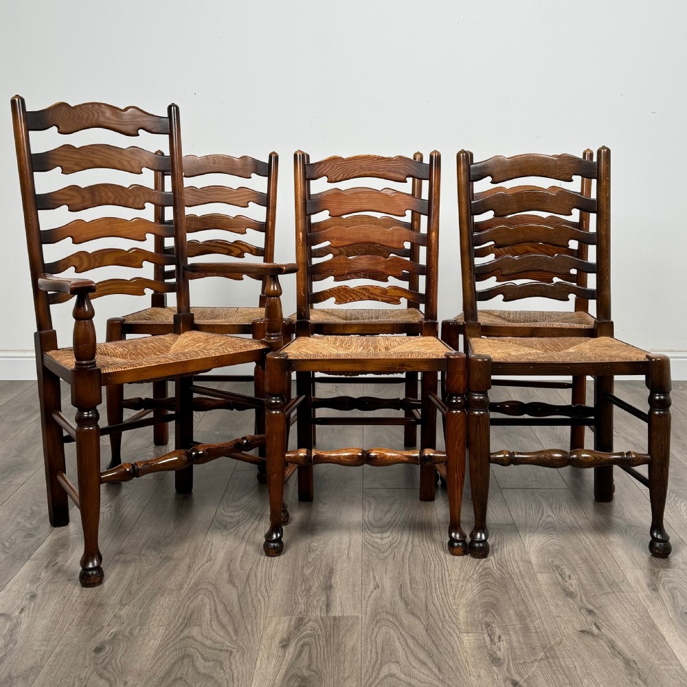 Antique 20th Century Set Of 6 Ladder Back Dining Chairs In Oak 

