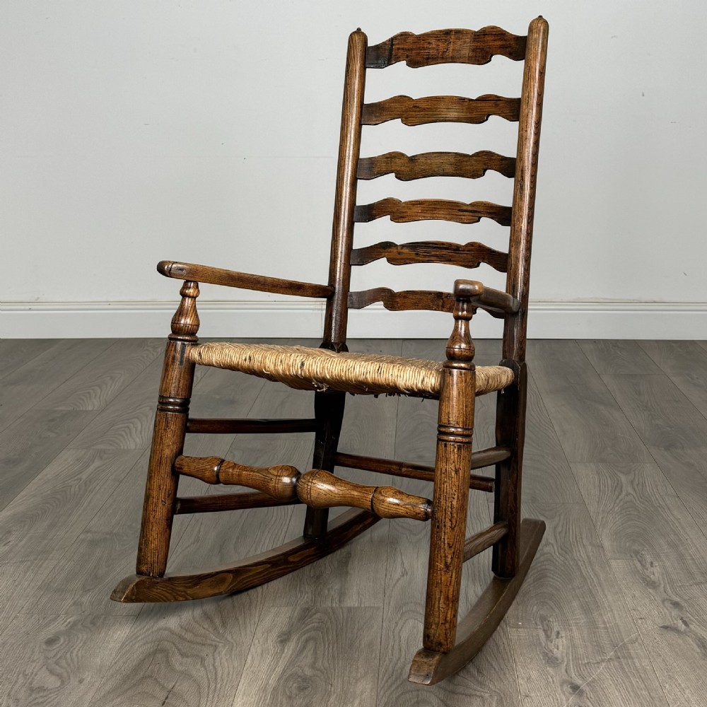 Antique 18th Century Ladder Back Rocking Chair In Oak 
