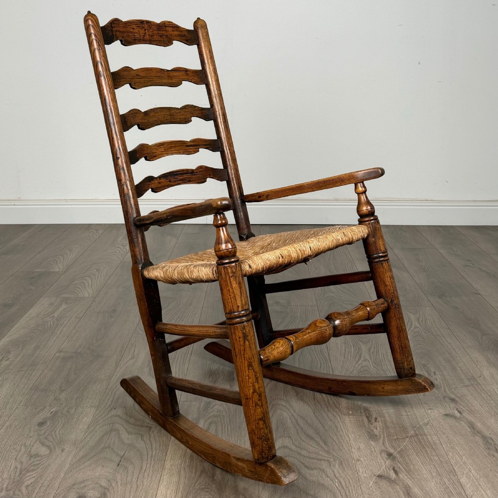 Antique 18th Century Ladder Back Rocking Chair In Oak 
 View VII