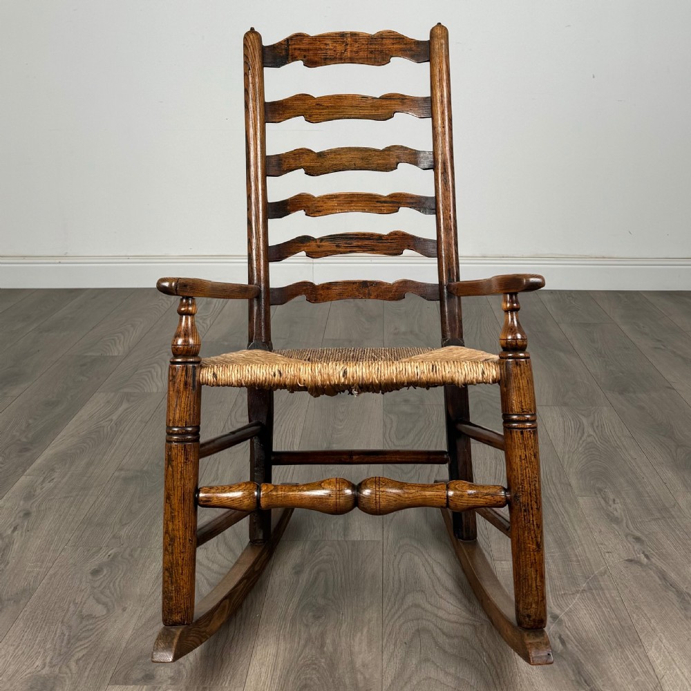 Antique 18th Century Ladder Back Rocking Chair In Oak 
 View VIII