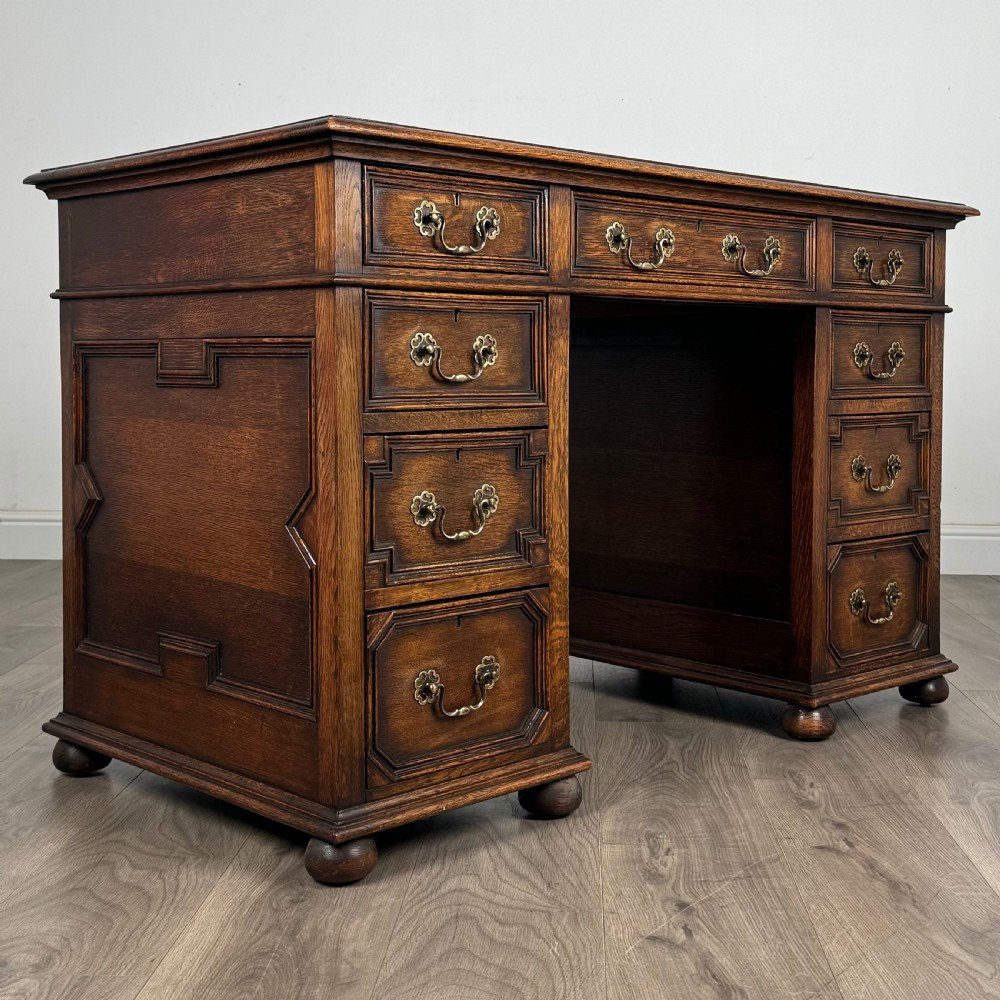 Antique Late 19th Century Jacobean Style Pedestal Desk In Oak  View VIII