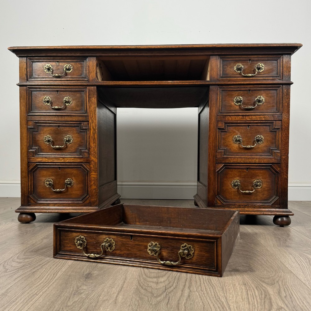 Antique Late 19th Century Jacobean Style Pedestal Desk In Oak  View XI