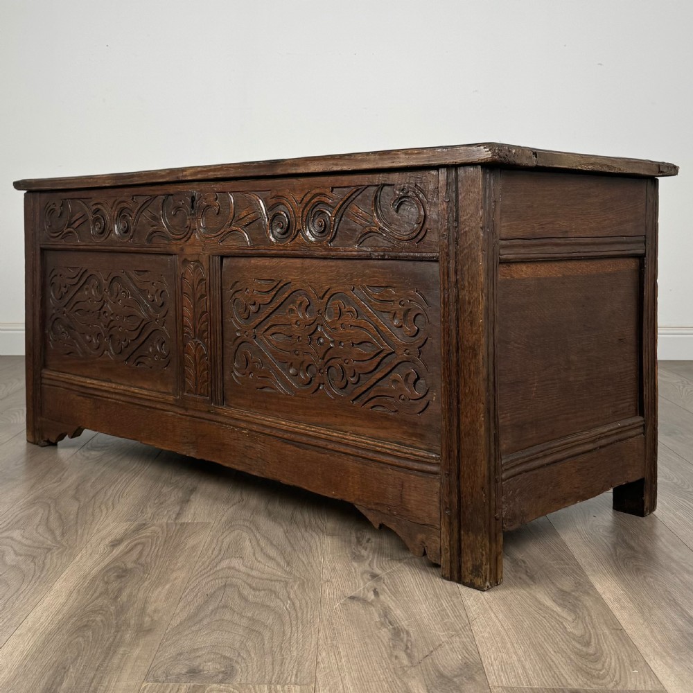 Antique 18th Century Carved Oak Coffer 
 View II