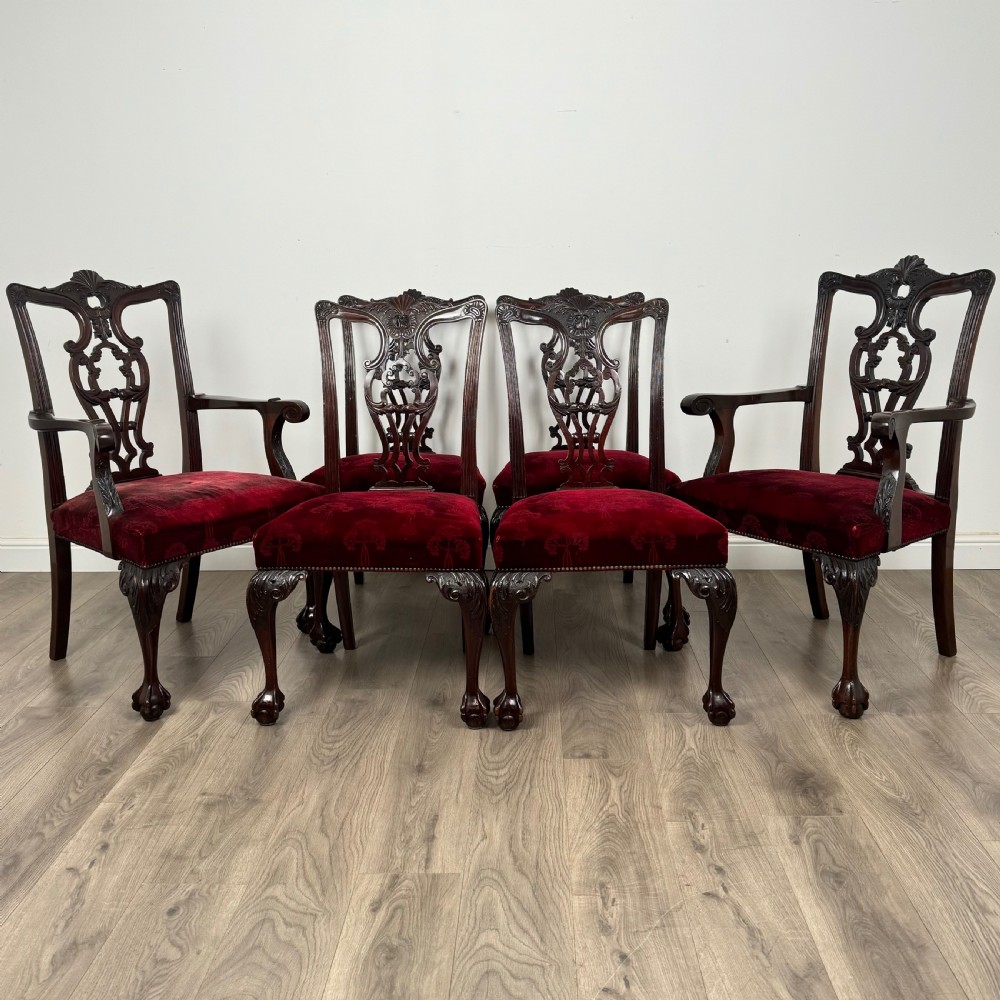  Antique 19th Century Set Of 6 Chippendale Style Dining Chairs 
