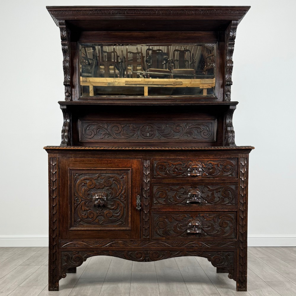 Antique 19th Century Heavily Carved Sideboard In Oak 