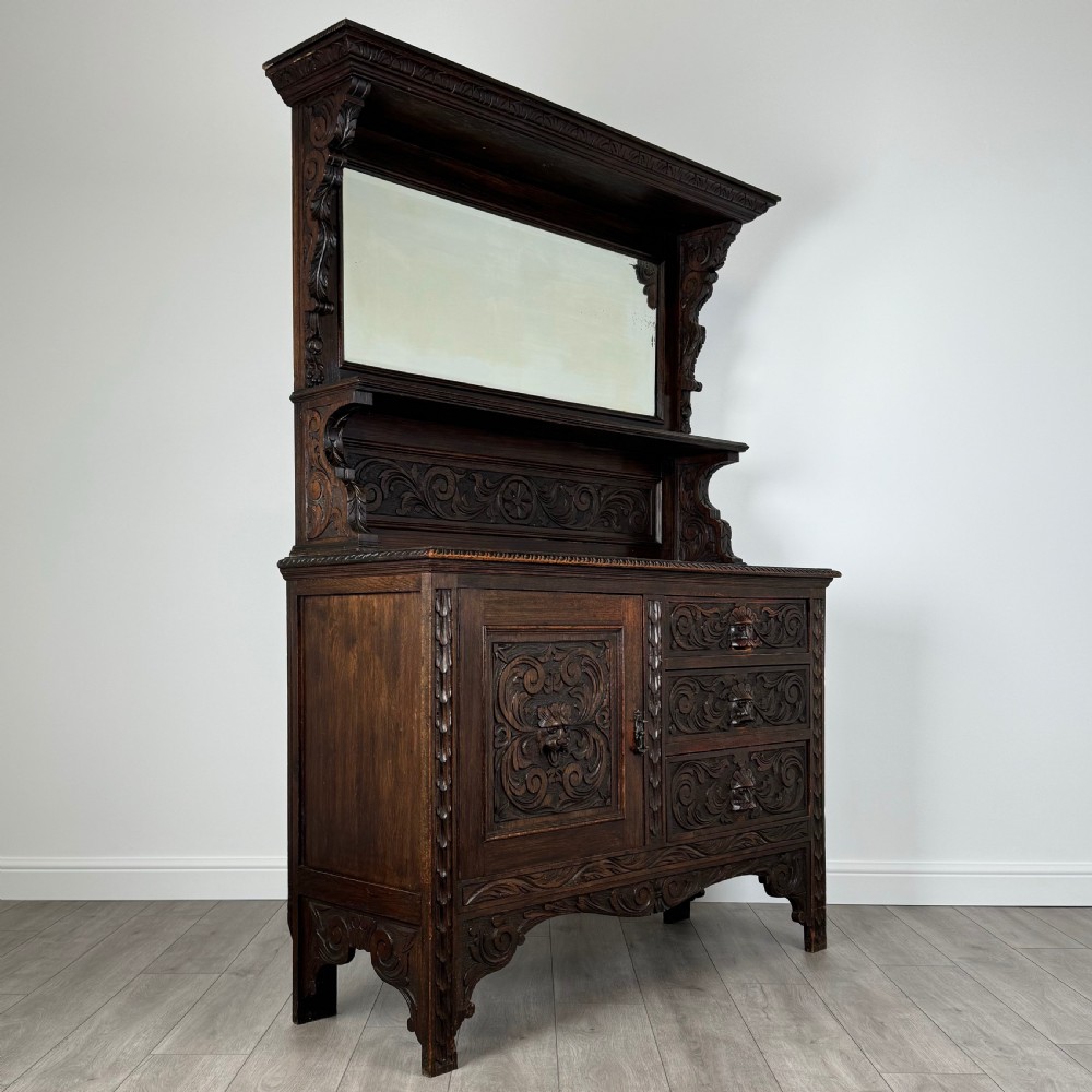  Antique 19th Century Heavily Carved Sideboard In Oak  View IX