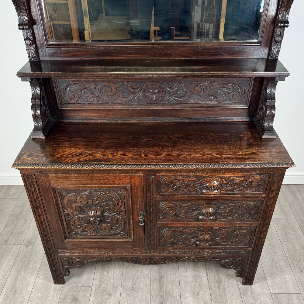  Antique 19th Century Heavily Carved Sideboard In Oak  View X