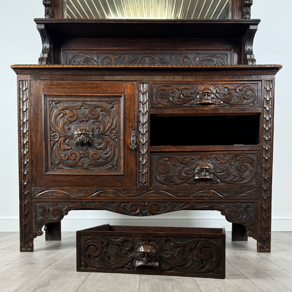  Antique 19th Century Heavily Carved Sideboard In Oak  View XI