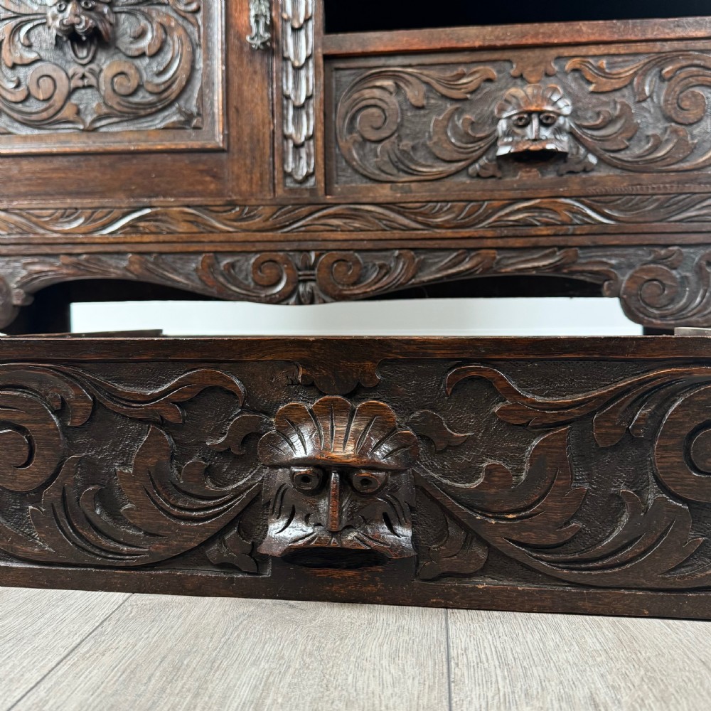  Antique 19th Century Heavily Carved Sideboard In Oak  View XII