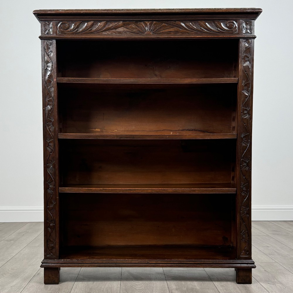 Antique 19th Century Heavily Carved Open Bookcase In Oak 
