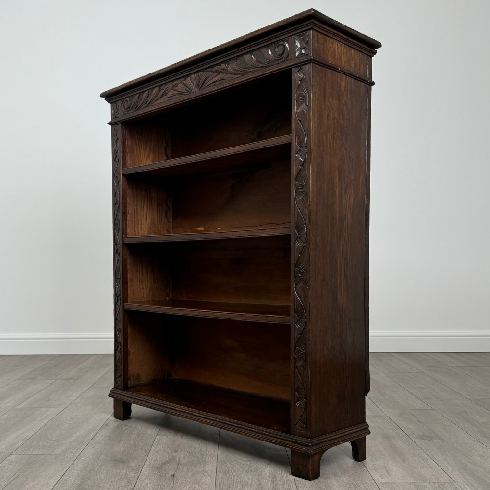 Antique 19th Century Heavily Carved Open Bookcase In Oak 
 View II