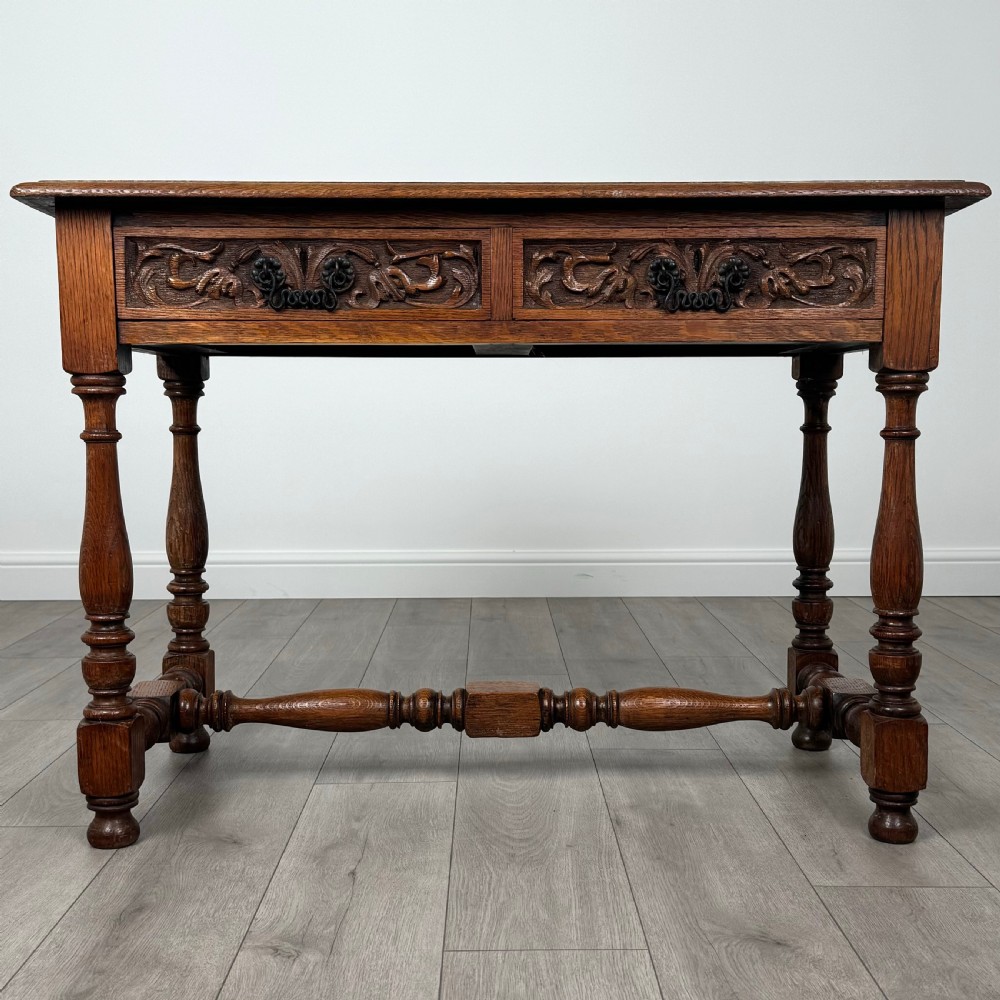 Antique 19th Century Carved Writing Table In Oak
