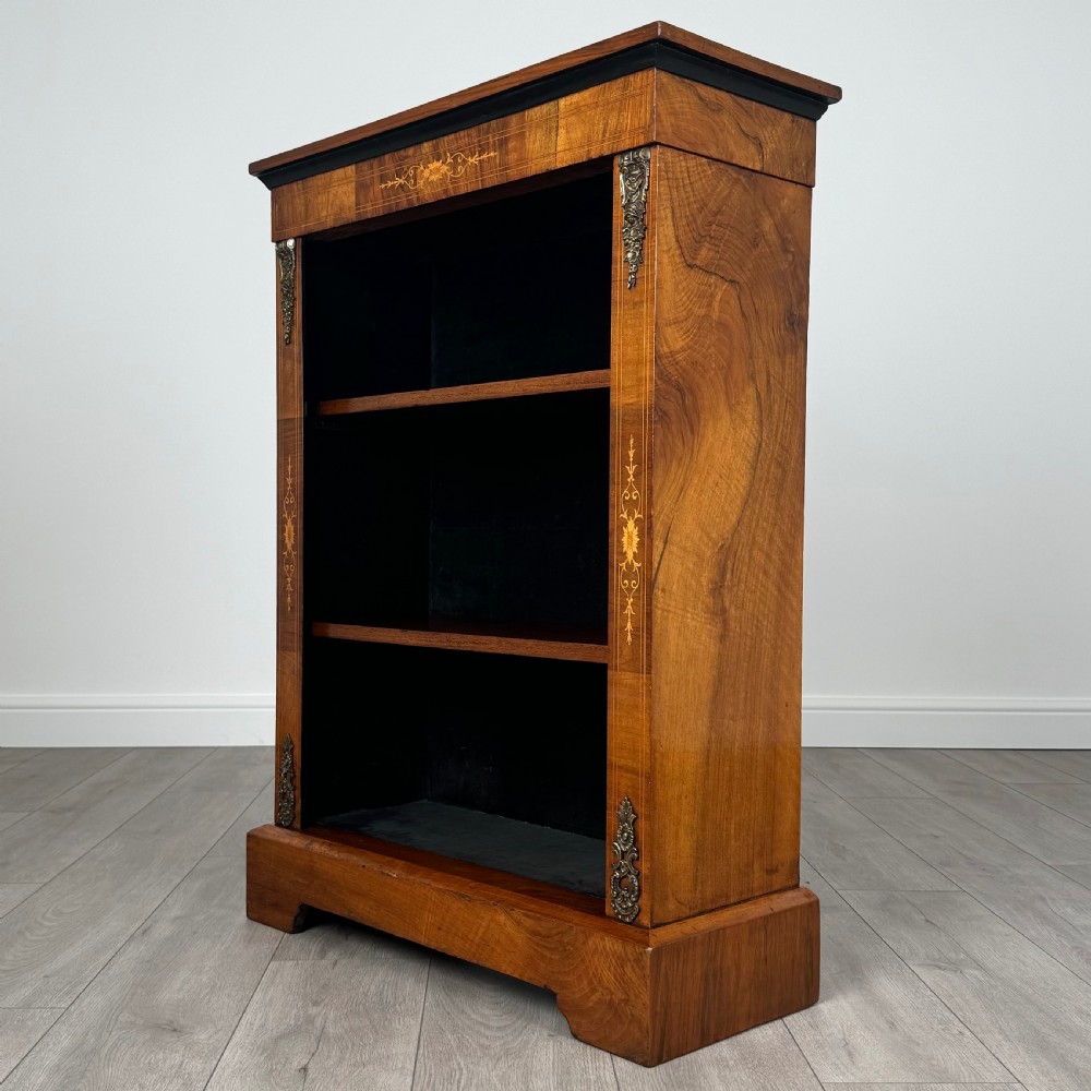 Antique 19th Century Small Inlaid Open Bookcase In Walnut  View II