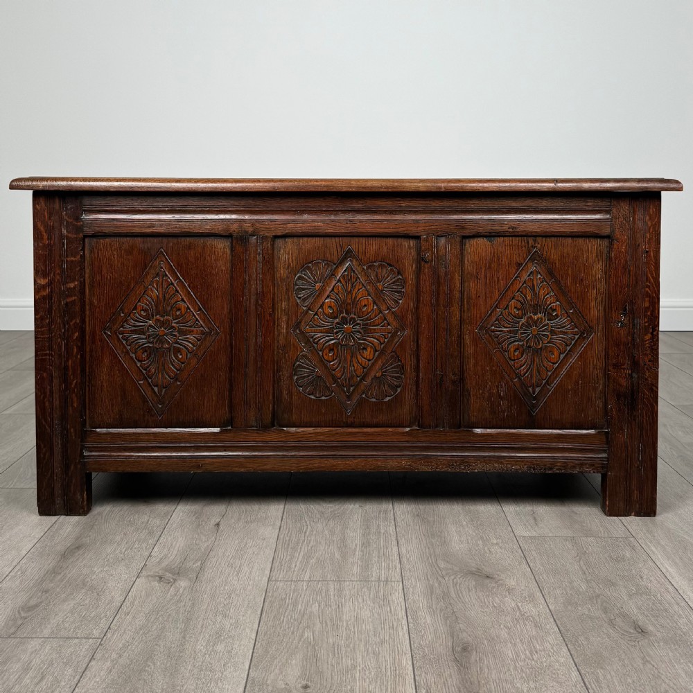Antique 17th Century Style Carved Coffer In Oak 