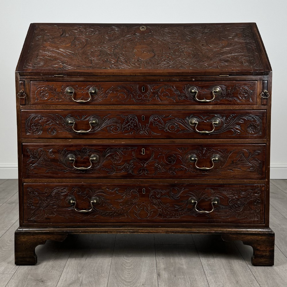 Antique 18th Century Heavily Carved Bureau In Oak 
