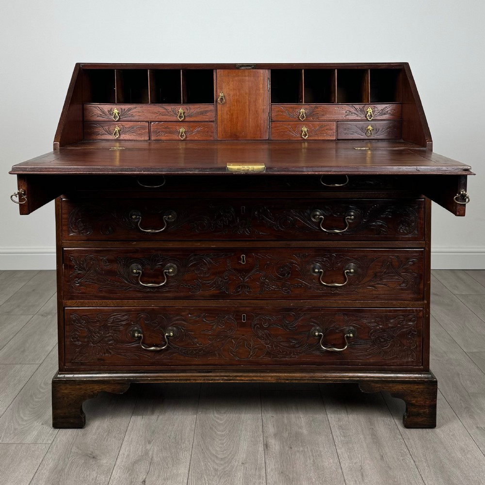 Antique 18th Century Heavily Carved Bureau In Oak 
 View II