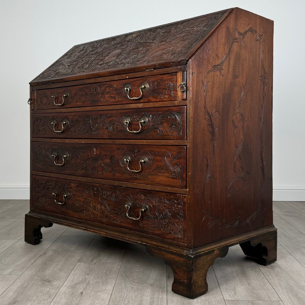 Antique 18th Century Heavily Carved Bureau In Oak 
 View III