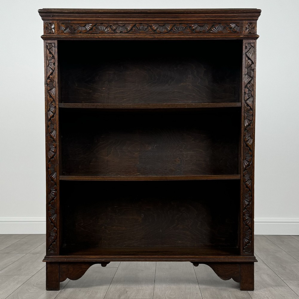 Antique 19th Century Heavily Carved Open Bookcase In Oak 
