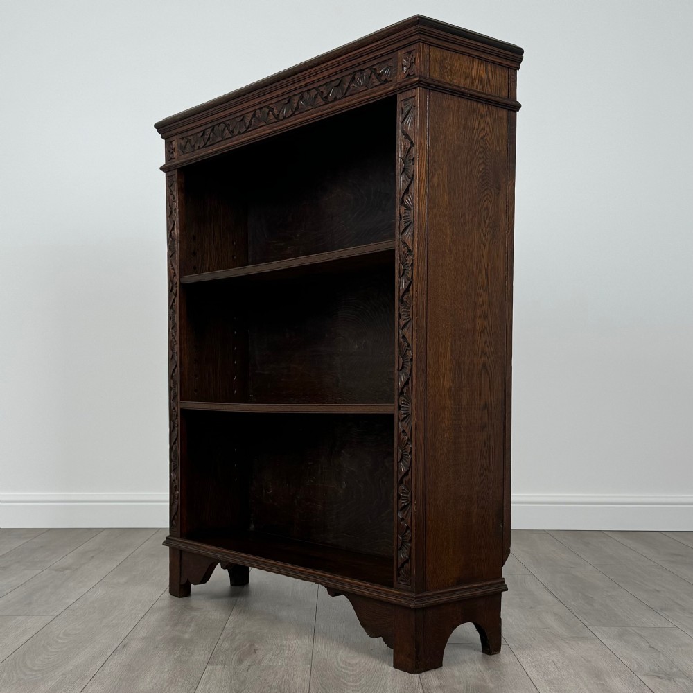 Antique 19th Century Heavily Carved Open Bookcase In Oak 
 View II