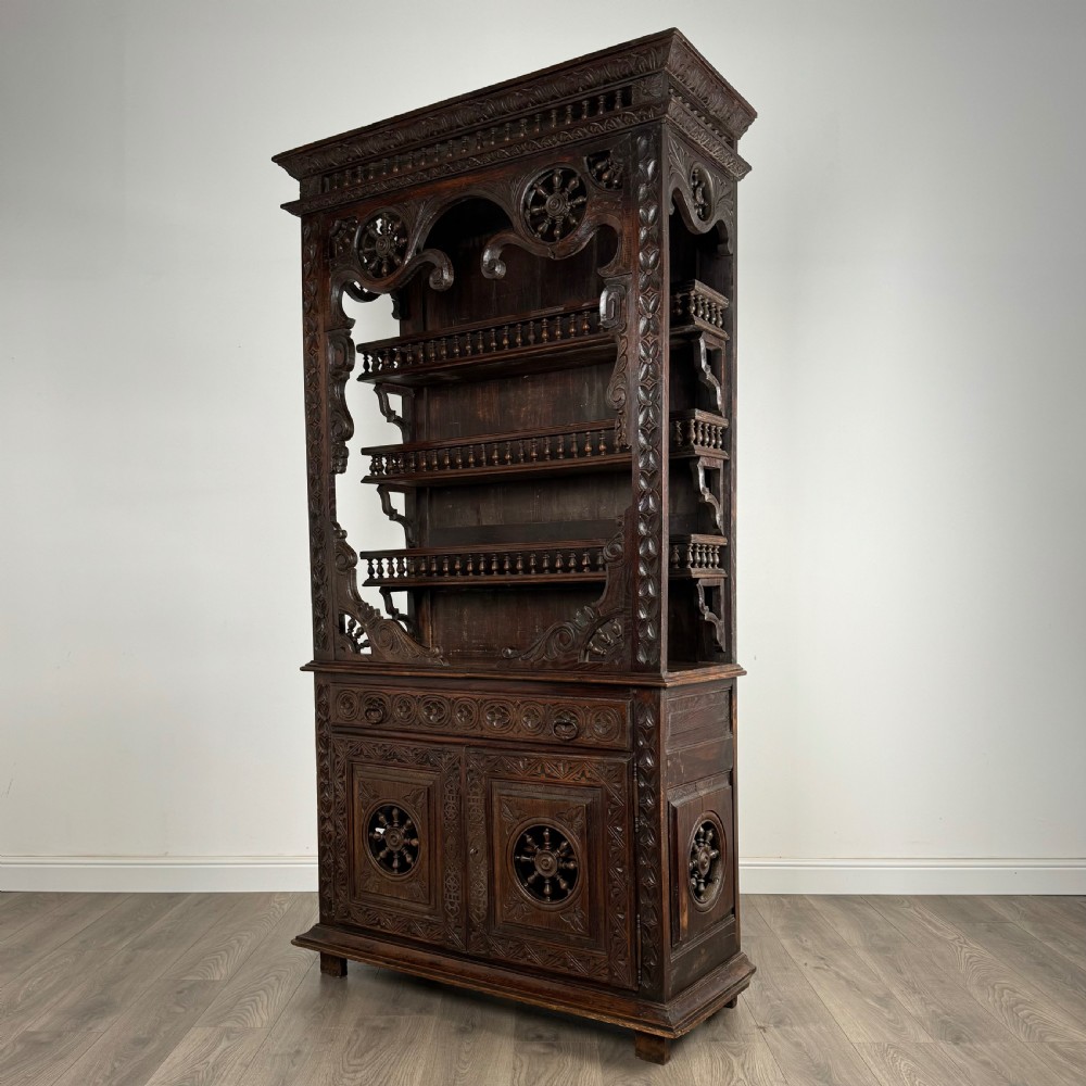Antique 19th Century Heavily Carved French Breton Cabinet In Chestnut  View IV