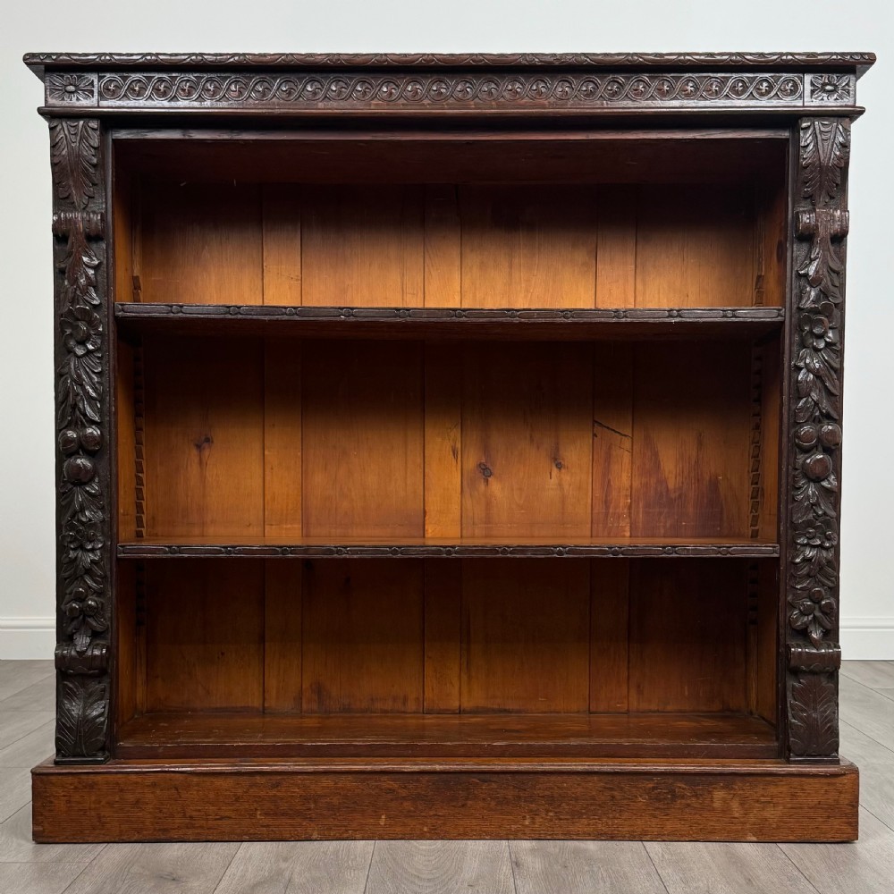 Antique 19th Century Fine Quality Carved Open Bookcase In Oak 