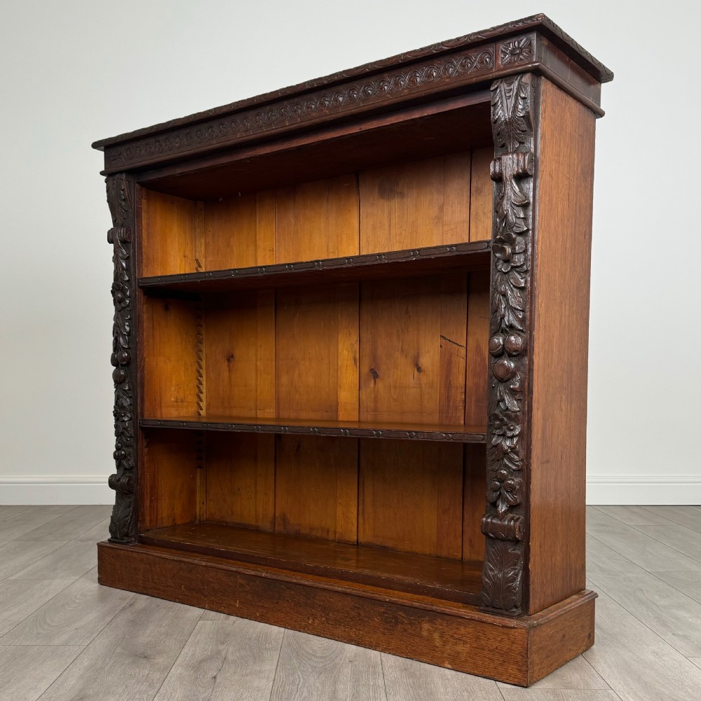 Antique 19th Century Fine Quality Carved Open Bookcase In Oak  View II