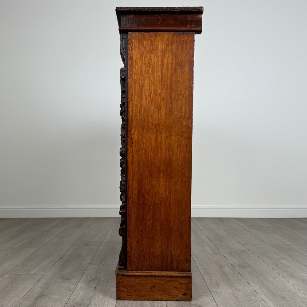 Antique 19th Century Fine Quality Carved Open Bookcase In Oak  View III