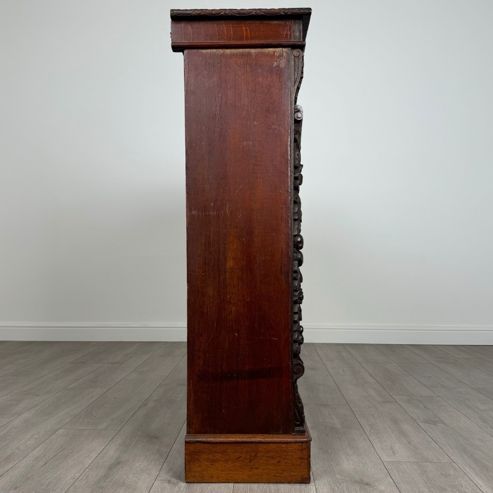 Antique 19th Century Fine Quality Carved Open Bookcase In Oak  View VII