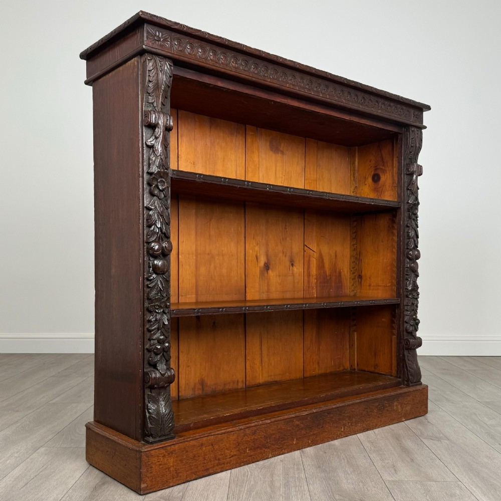 Antique 19th Century Fine Quality Carved Open Bookcase In Oak  View VIII