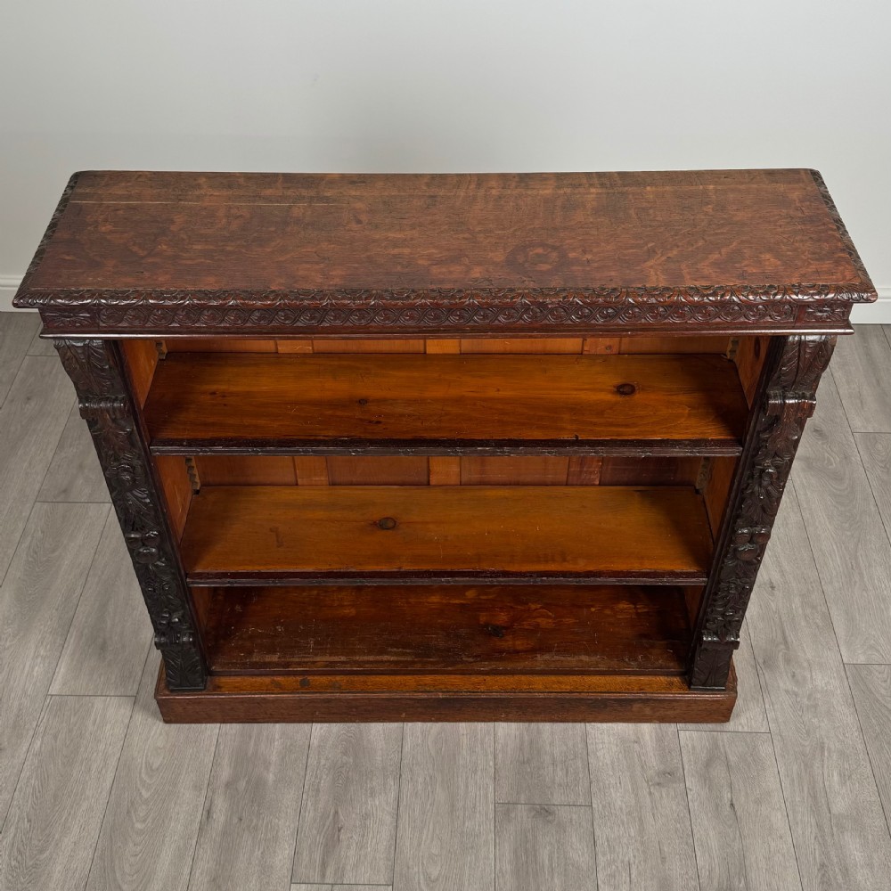 Antique 19th Century Fine Quality Carved Open Bookcase In Oak  View IX