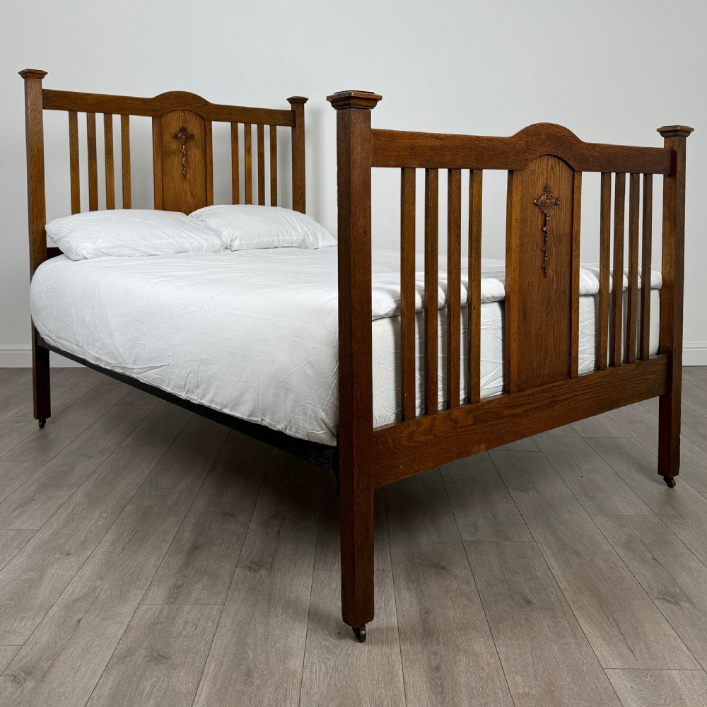 Antique 20th Century Art Nouveau Style Double Bed In Oak