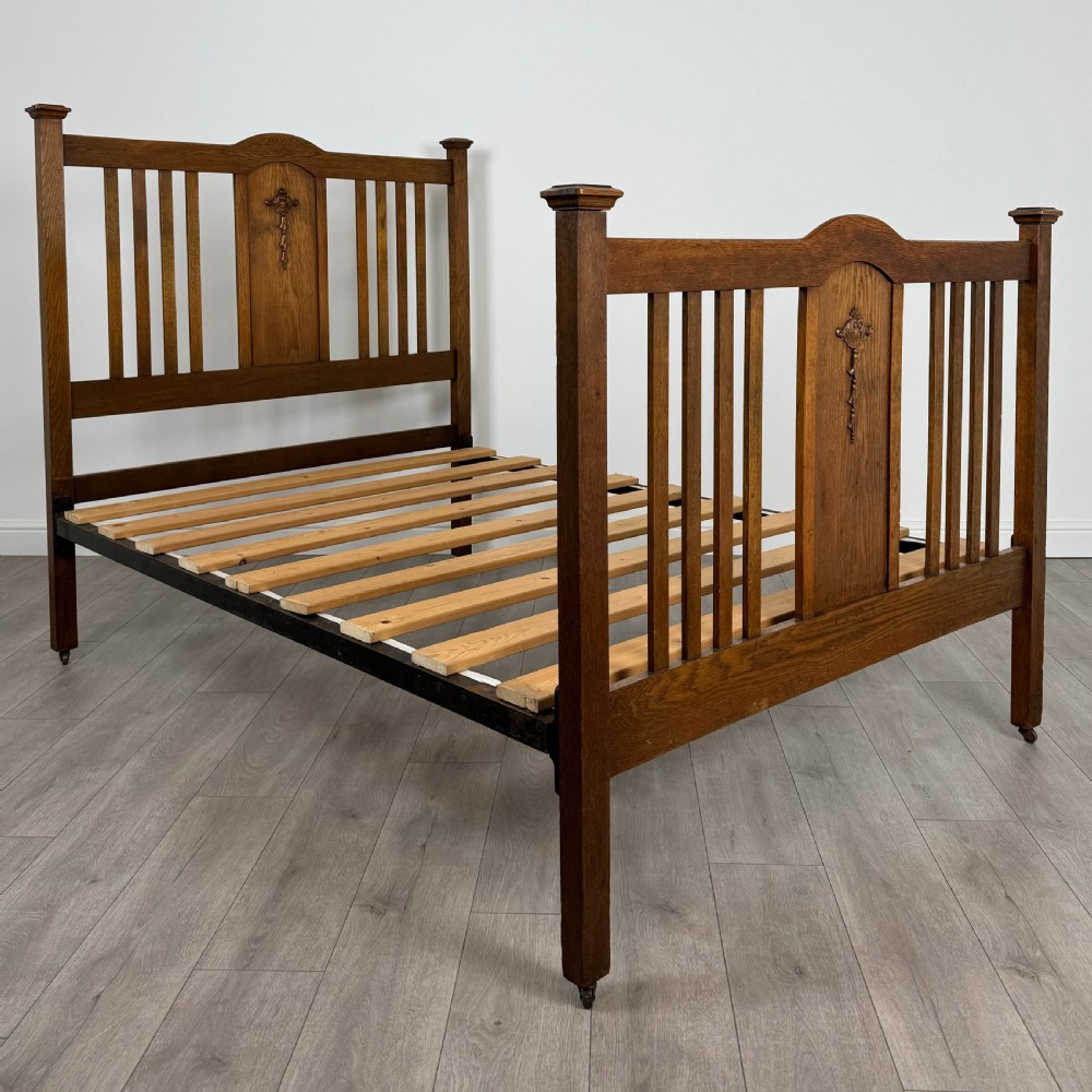 Antique 20th Century Art Nouveau Style Double Bed In Oak View II